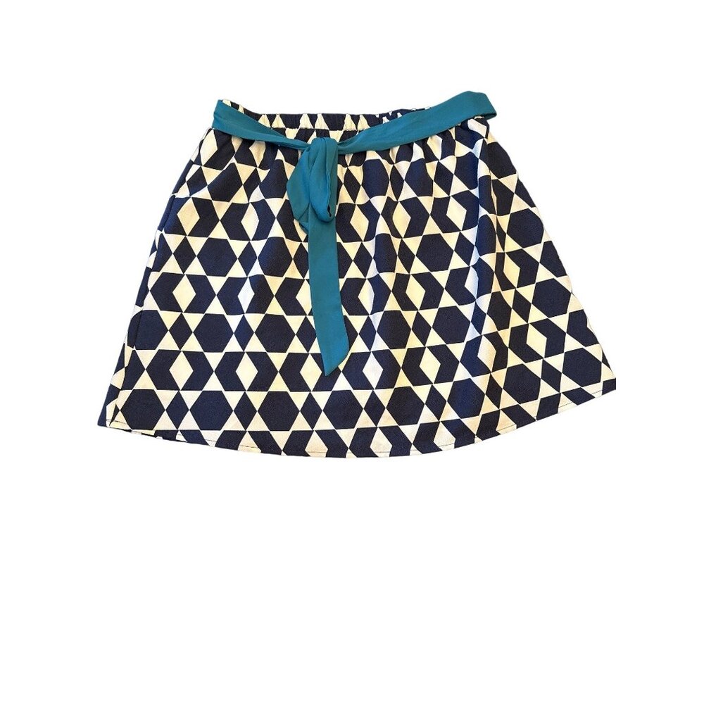 Harper Blue White Geometric Print Elastic Waist Mini Skirt Size Medium